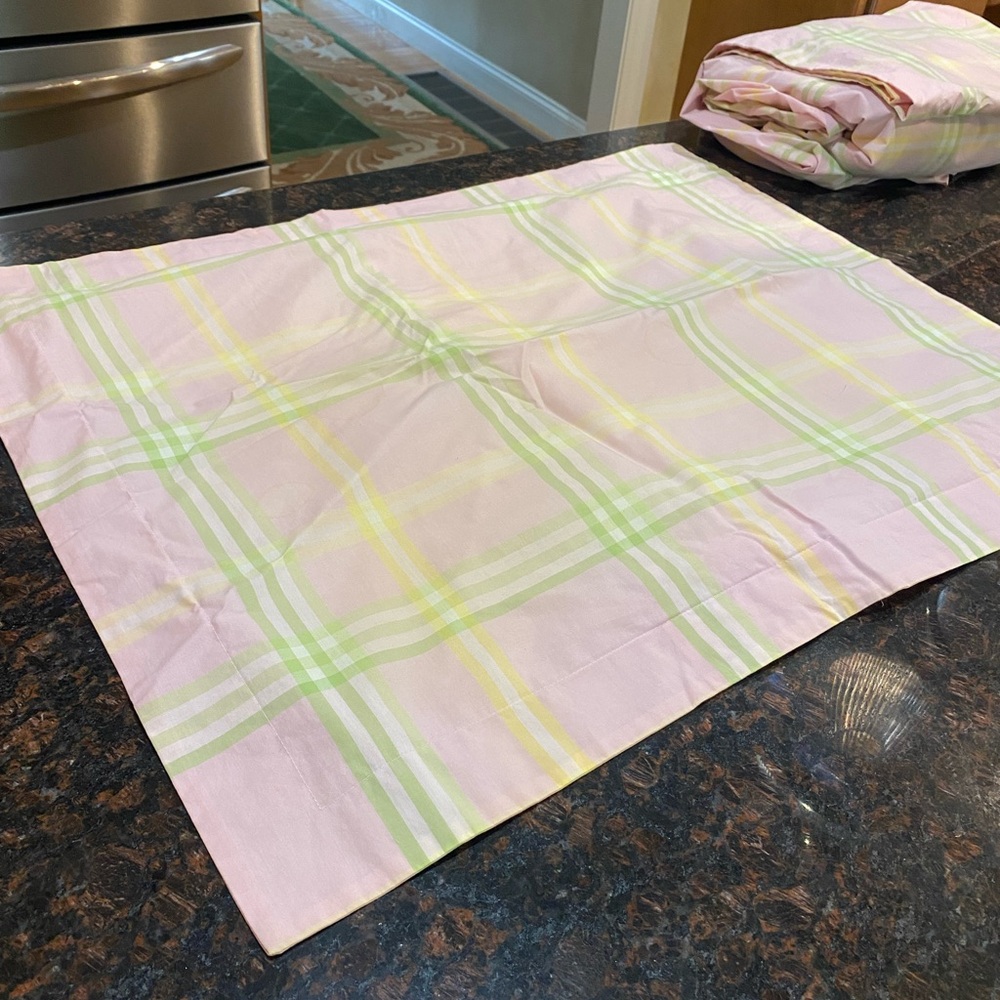 Pottery Barn Kids Pink and Green Plaid Duvet Cover & shams